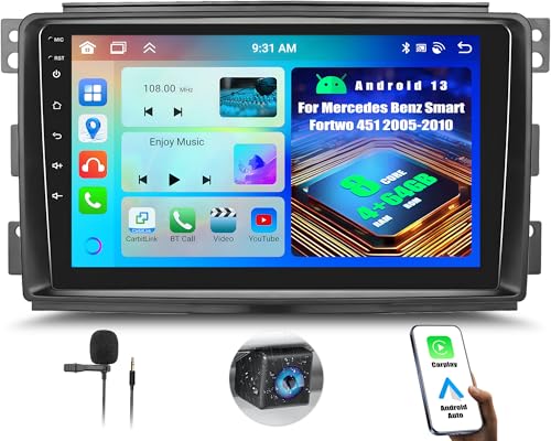OiLiehu 4+64G 8 Kern Android 13 Carplay Android Auto Doppel Din Radio für Mercedes Benz Smart Fortwo 451 2005-2010 Autoradio Mit Bildschirm 9 Zoll mit Mirror Link Bluetooth GPS FM RDS WiFi SWC DSP/EQ von OiLiehu