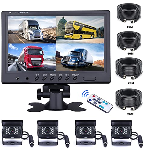 OiLiehu 9 Zoll Auto RüCkfahrkamera Set mit 4 Geteilten Monitor Vorderansicht View, 4 X Kabelge Auto Kamera 18 IR-Nachtsicht, Mit 2 X 10m Und 2 X 20m Kabeln FüR LKW, Wohnmobile, AnhäNger, Bus von OiLiehu