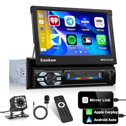 OiLiehu Autoradio 1 Din Apple CarPlay Android Auto 7 Zoll Automatisch Einziehbarer Bildschirm mit Mirror Link Bluetooth FM SWC AUX-in EQ USB TF-Karte + Rückfahrkamera & Fernsteuerung & MIC von OiLiehu