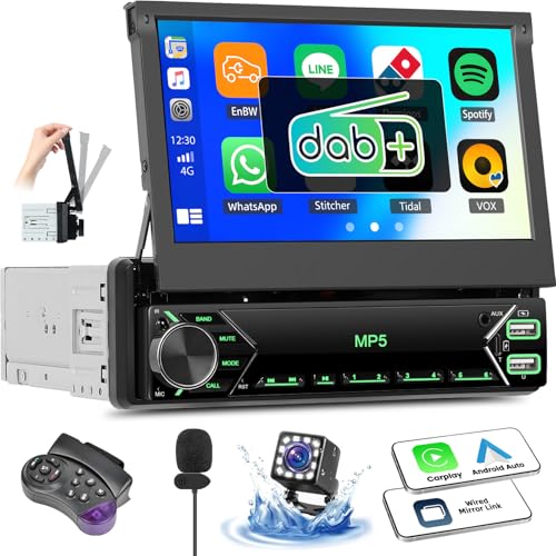 OiLiehu DAB+ Autoradio 1 Din Carplay Android Auto 7" IPS Manuell Einziehbarer Bildschirm Autoradio MP5 Multimedia Player mit Mirror Link Bluetooth FM/DAB Radio SWC AUX EQ USB Type-C+ Rückfahrkamera OiLiehu DAB+ Autoradio 1 Din Carplay Android Auto 7" IPS Manuell Einziehbarer Bildschirm Autoradio MP5 Multimedia Player mit Mirror Link Bluetooth FM/DAB Radio SWC AUX EQ USB Type-C+ Rückfahrkamera von OiLiehu
