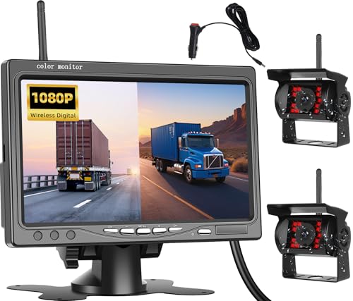 OiLiehu Kabellose Digitale Rückfahrkamera Set, Dual AHD Rückfahrkamera IP68 Infrarot-Nachtsicht Kamera, 1080P Funk Rückfahrkamera mit 7" IPS Monitor, Drahtlose Rückfahrkamera mit Toter-Winkel-Warnung von OiLiehu