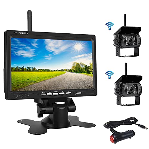 OiLiehu Wireless Rückfahrkamera Kit, 7 Zoll HD LCD Monitor mit Antenne, 2 x Wireless Rückfahrkamera, IP67, Nachtversion, 12-24 V, geeignet für Busse, SUV, LKW, Anhänger von OiLiehu