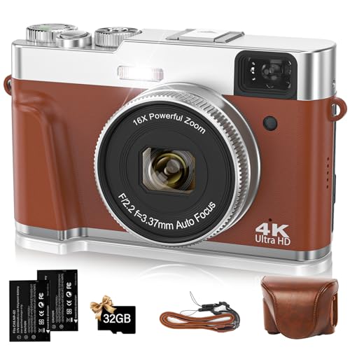 Digitalkamera,Oiadek 4K 48MP Autofocus Fotokamera mit 32GB Speicherkarte 16X Digitalzoom,2.8 Zoll Kompaktkamera mit drehbarem Armaturenbrett und Sucher für Teenager Anfänger Erwachsene(Braun) von Oiadek