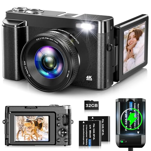 Oiadek 4K-Digitalkamera, 48 MP Autofokus, Vlogging-Kamera mit 32 G Speicherkarte, 16-fachem Digitalzoom, kompakte Digitalkamera mit 2 Batterien für YouTube, Schwarz von Oiadek