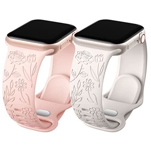 Oielai 2 Stück Floral Gravierte Armband Kompatibel mit Apple Watch Armband 40mm 41mm 38mm Damen, Weiches Silikon Sportarmband für Apple Watch SE/iWatch Series 9 8 7 6 5 4 3 2 1, Sandrosa/Sternenlicht von Oielai