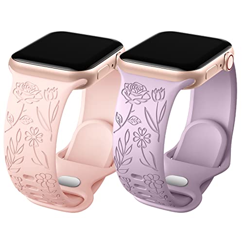 Oielai 2 Stück Floral Gravierte Armband Kompatibel mit Apple Watch Armband 40mm 41mm 38mm Damen, Weiches Silikon Sportarmband für Apple Watch SE/iWatch Series 9 8 7 6 5 4 3 2 1, Sandrosa/Lavendel von Oielai