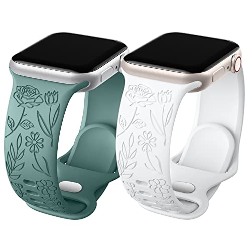 Oielai 2 Stück Floral Gravierte Armband Kompatibel mit Apple Watch Armband 44mm 45mm 42mm Damen, Weiches Silikon Sportarmband für Apple Watch SE/iWatch Series 9 8 7 6 5 4 3 2 1, Kieferngrün/Weiß von Oielai