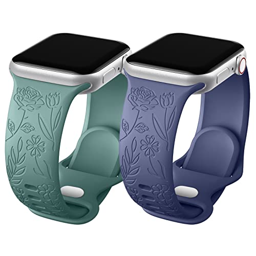 Oielai 2 Stück Floral Gravierte Armband Kompatibel mit Apple Watch Armband 44mm 45mm 42mm Damen, Weiches Silikon Sportarmband für Apple Watch SE/iWatch Series 9 8 7 6 5 4 3 2 1, PinGree/BlueGrey von Oielai