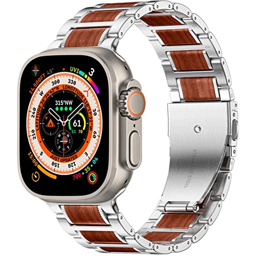 Oielai 24mm Breit Holz Band Kompatibel mit Apple Watch Armband 49mm für Herren, Edelstahl Metall mit Sandelholz Armband für Apple Watch Ultra/Ultra 2, Silber/Sandelholz von Oielai
