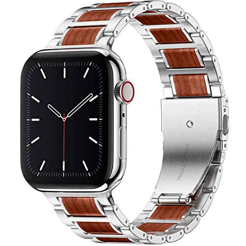 Oielai Holz Band Kompatibel mit Apple Watch Armband 45mm 44mm 42mm 49mm, Edelstahl Metall mit Sandelholz Armband für Apple Watch Ultra/iWatch Series 9 8 7 SE 6 5 4 3 2 1, Silber/Sandelholz von Oielai