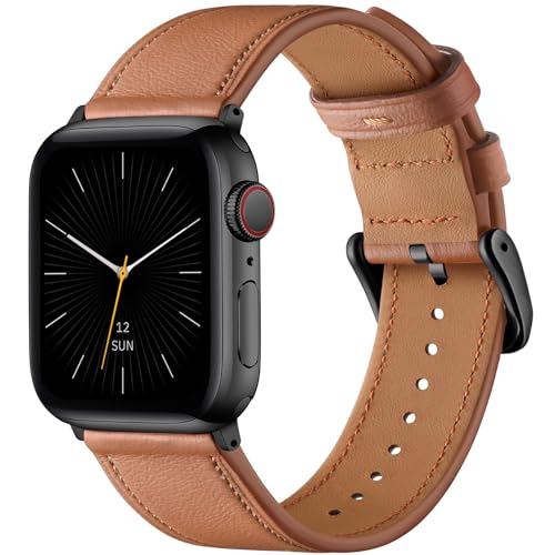 Oielai Lederarmband Kompatibel mit Apple Watch Armband 41mm 40mm 38mm, Weiches Echtes Lederband für Apple Watch SE/iWatch Series 9 8 7 6 5 4 3 2 1 für Herren Damen, Orangen Braun von Oielai