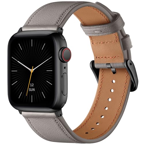 Oielai Lederarmband Kompatibel mit Apple Watch Armband 45mm 44mm 42mm 49mm, Weiches Echtes Lederband für Apple Watch SE/iWatch Series Ultra 9 8 7 6 5 4 3 2 1 für Herren Damen, Grau von Oielai