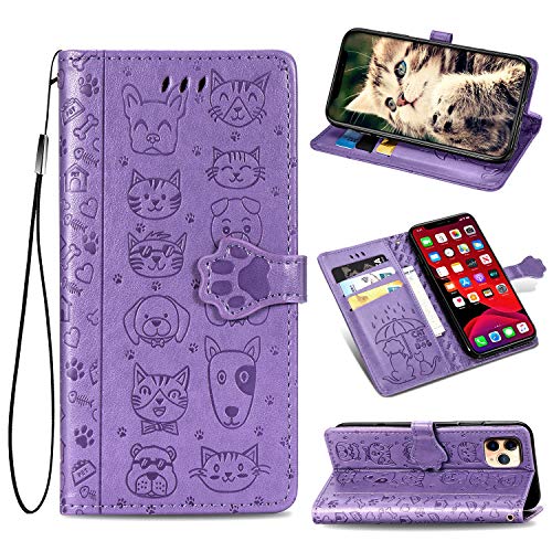 Oihxse Handyhülle Leder Wallet Flip Case Kompatibel mit Xiaomi Mi 10T Lite Hund Katze Geprägte Hülle, PU Leder Schutzhülle Ständer Ledertasche Brieftasche Klapphülle mit Kartenfach - Violett von Oihxse