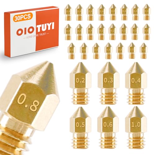OioTuyi 30 Stück MK8 Nozzle Set für 3D Drucker, 0,2mm - 1,0mm, Messing & Edelstahl Düsen, Kompatibel mit Creality Ender 3 / Ender 3 V2 / CR-10 Serie und Weitere OioTuyi 30 Stück MK8 Nozzle Set für 3D Drucker, 0,2mm - 1,0mm, Messing & Edelstahl Düsen, Kompatibel mit Creality Ender 3 / Ender 3 V2 / CR-10 Serie und Weitere von OioTuyi