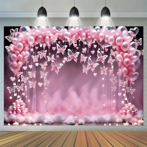 Der rosa Schmetterling Geburtstagsfeier Hintergrund verfügt über herzförmige Lichterketten und Wolken Teen Duschen und Partys210X150cm von OkGoooDYY