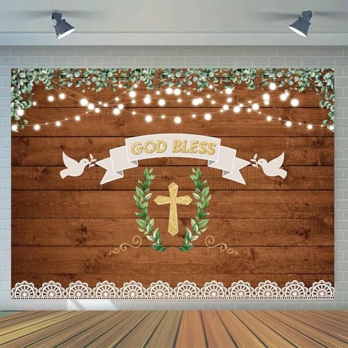 Multifunktionale Vinyl-Kulisse für Taufen und Erstkommunion – rustikale Holzwandgestaltung mit grünen Blättern350x230cm von OkGoooDYY