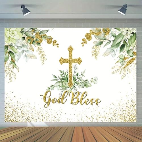Multifunktionaler Vinyl-Hintergrund zur Erstkommunion und Taufe – grünes Blattkreuz-Design, geeignet als Kuchentisch-Dekoration240X180cm von OkGoooDYY