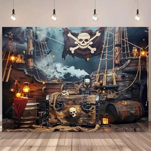 Piratenparty-Hintergrund aus Vinyl mit Schatztruhe und Boot-Design, geeignet für Geburtstage und Themenveranstaltungen240X180cm von OkGoooDYY