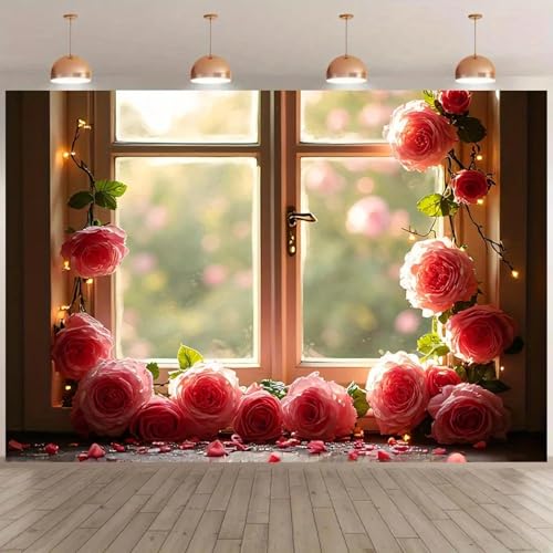 Rosa Rosen-Lichterketten-Hintergrund – wiederverwendbarer Polyesterstoff mit romantischem Fensterblick300x200cm von OkGoooDYY