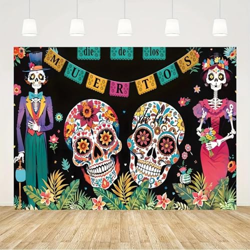 Tag der Toten Flagge Kugelförmiger Doppel-Totenkopf-Vinyl-Hintergrund - perfekt für Feiertagspartys, Wandschildfotos350x230cm von OkGoooDYY