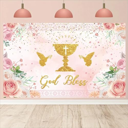 Tauf- und Eucharistie-Hintergrund - Vinyl-Fotohintergrund mit Blumenmuster in Rosa und Metallic350x230cm von OkGoooDYY