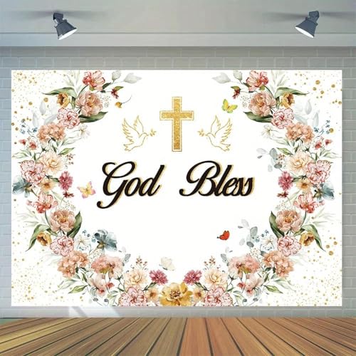 Vinyl-Banner „God Bless“ mit farbenfrohen Blumenkreuzen, Requisiten für Portraitstudios und Fotoautomaten, Mehrzweck-Ornamente240X180cm von OkGoooDYY