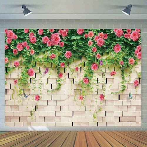 Weiße Ziegelwand Blumen Fotohintergrund Vinyl Babyparty Geburtstagsparty dekoriert Banner Hochzeit Brautdusche Foto210X150cm von OkGoooDYY