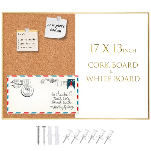 Okydoky Kork/trocken abwischbare Kombi-Tafel, 33 x 43,2 cm, magnetisch, trocken abwischbar, Kombinationstafel, goldener Aluminiumrahmen, Whiteboard und Korktafel (ZHBB-Gold-3343) von Okydoky