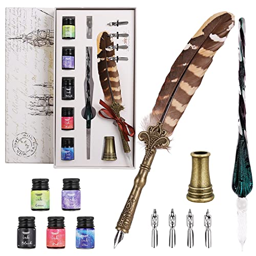 Olasfa Kalligraphie Set Feder Schreibfeder Dip Quill Pen Glasstift Set mit Bunte Tinten Stifthalter 4 Ersatzspitzen für Unterschrift Schreiben Zeichnen Briefpapier Geschenk von Olasfa