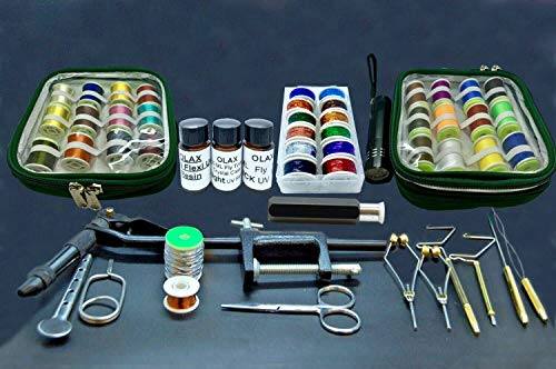 Olax Goliath Fliegenbinden Kit mit AA Schraubstock, Thread, Tinsel, Floss, Schere, Whip, UV Taschenlampe, UV Kleber von Olax