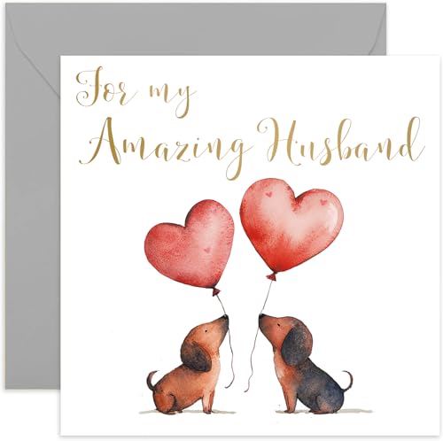 Besondere Jubiläumskarten für Ehemann, Valentinstag für Männer – zwei süße Hunde mit Herzballons – schlichtes romantisches Design – besondere Geschenke für Sie oder Ihn – Innenseite blanko mit Besondere Jubiläumskarten für Ehemann, Valentinstag für Männer – zwei süße Hunde mit Herzballons – schlichtes romantisches Design – besondere Geschenke für Sie oder Ihn – Innenseite blanko mit von Old English Company