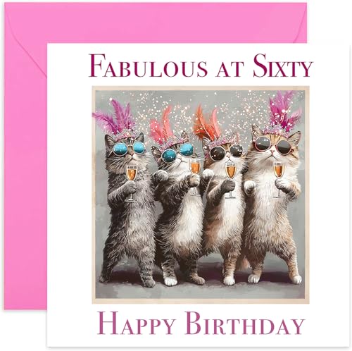 Geburtstagskarte "Fabulous At 60 Birthday" für Frauen, Schwester, beste Freundin, Tante – Katzen trinken Champagner – lustiges, glamouröses Design für sie – Geschenk zum Geburtstag – innen blanko mit Geburtstagskarte "Fabulous At 60 Birthday" für Frauen, Schwester, beste Freundin, Tante – Katzen trinken Champagner – lustiges, glamouröses Design für sie – Geschenk zum Geburtstag – innen blanko mit von Old English Company