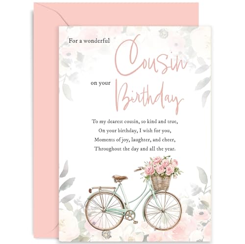 Geburtstagskarte für Cousin mit Aufschrift "Special Cousin for Her - Floral Bicycle Basket Birthday Card for Cousin - Special Female Birthday Card - Pastell Flower Wreath Greeting Card for Her von Old English Company