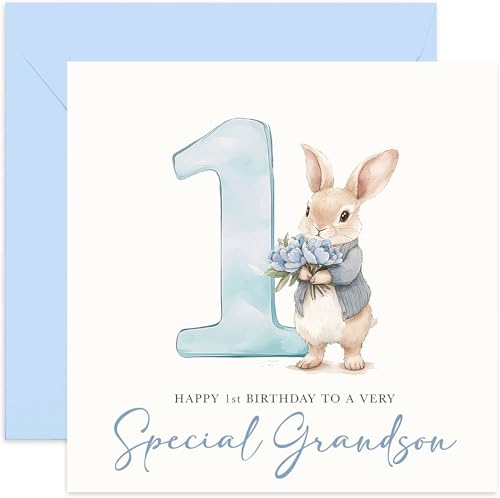 Grußkarte zum 1. Geburtstag für Enkel – Blaues Häschen mit Aquarell 1 Design – Baby-Jungen-Geburtstagskarte – für Familie – Andenken Geschenke zum ersten Geburtstag Grußkarte zum 1. Geburtstag für Enkel – Blaues Häschen mit Aquarell 1 Design – Baby-Jungen-Geburtstagskarte – für Familie – Andenken Geschenke zum ersten Geburtstag von Old English Company