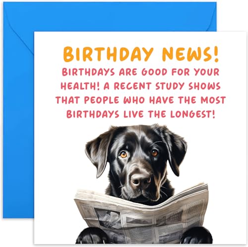 Lustige Geburtstagskarte für Sie oder Ihn – "Birthday News – Birthdays Are Good For You" Schwarzer Labrador Hund Geburtstagskarte für Männer Frauen – urkomischer Geburtstagswitz | blanko Umschlag von Old English Company