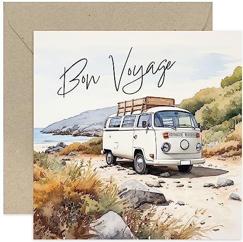 Old English Co. Bon Voyage Camper Van Abschiedskarte für Männer und Frauen – Glücksgeschenk für Kollegen – Neuer Job oder Ruhestand Karte für Sie oder Ihn – Aquarell-Szene | Innenseite blanko mit von Old English Company