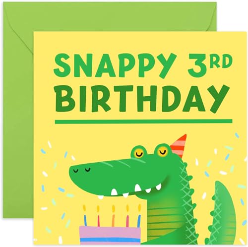 Old English Co. Geburtstagskarte zum 3. Geburtstag für Jungen oder Mädchen – lustiges Krokodil-Geburtstagsgeschenk für Kinder – Geburtstagskarte für Sie und Ihn – dritter Geburtstag | innen von Old English Company