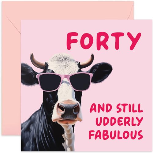 Old English Co. Lustige Geburtstagskarte zum 40. Geburtstag für die Freundin zum 40. Geburtstag, Aufschrift "Udderly Fabulous", Kuh Wortspiel – Karte zum 40. Geburtstag für Frauen – Schwester, Tante, von Old English Company