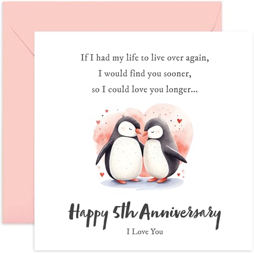 Pinguin-Hochzeitstagskarte – "Happy Fifth Anniversary", Geschenk für Ehemann und Ehefrau, niedliches romantisches Design, aufmerksames Geschenk für sie, leere Innenseite mit Umschlag Pinguin-Hochzeitstagskarte – "Happy Fifth Anniversary", Geschenk für Ehemann und Ehefrau, niedliches romantisches Design, aufmerksames Geschenk für sie, leere Innenseite mit Umschlag von Old English Company