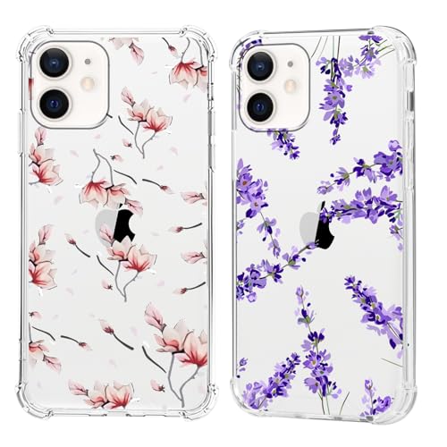 Olgary 2 Stück für iPhone 12 Pro/iPhone 12 6,1 Zoll Hülle mit Rosa Blume Floral Lavendel Aesthetic Muster Durchsichtig Handyhülle Motiv, Transparent Hard PC Stoßfest TPU Bumper Dünn Schutzhülle Case von Olgary