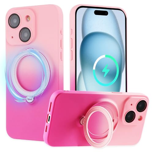 Olgary für iPhone 15 Hülle Avec Magnetische Ständer und [2 in 1] Kamera Schutzfolie, Handyhülle Farbverlauf in Rosa, Stoßfest Ultradünn Weiches Silikon Schutzhülle Kameraschutz Case von Olgary