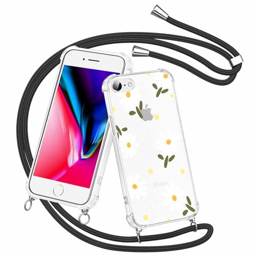 Olgary für iPhone 8/7 / SE (2020/2022) Hülle mit Band, Transparent Handyhülle Blumen Gänseblümchen Muster mit Handykette zum Umhängen Kette Kordel Necklace, Harter PC Stoßfest Dünn Schutzhülle Case von Olgary