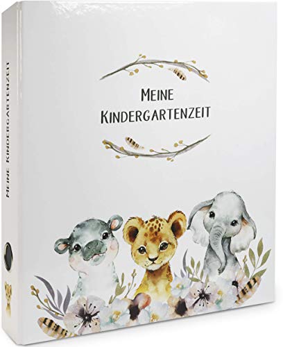 OLGS Meine Kindergartenzeit Erinnerungsordner | Sammelordner, Kindergartenordner Safari Hippo Löwe Elefant | Ordner für Kinder Geschenk, Sammelmappe, Kindergarten, Ringordner DIN A4 - Wildnis Freunde von Olgs