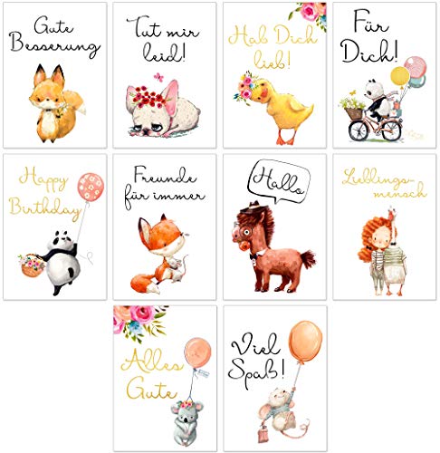 OLGS Postkarten Set mit 10 schönen Karten | Lovely Animals Sprüche Grußkarten | Gold Zitaten Motivationskarten | Spruchkarten, Lebensweisheiten, verschiedene Anlässe Geburtstag, Hochzeit, Baby, Trauer von Olgs