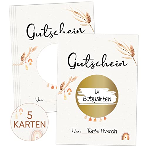 Olgs 5x Rubbelkarten Set zum selber beschriften in Gold | Gutschein Rubbellos Glückslos für eigenen Text | Geschenkidee zum Geburtstag Babyparty Hochzeit Taufe - Boho von Olgs