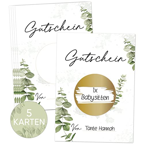 Olgs 5x Rubbelkarten Set zum selber beschriften in Gold | Gutschein Rubbellos Glückslos für eigenen Text | Geschenkidee zum Geburtstag Babyparty Hochzeit Taufe - Eucalyptus von Olgs