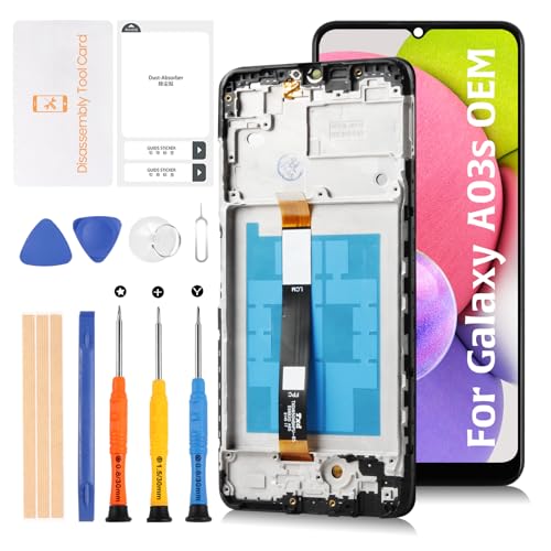 Olivechard Original A03S LCD-Bildschirm mit schwarzem Rahmen für Samsung Galaxy A03s A037T A037U A037U1 16,5 cm (6,5 Zoll) LCD-Bildschirm, Ersatz-Touch-Digitizer, Montageset (nicht für A037A, F, W, G) von Olivechard