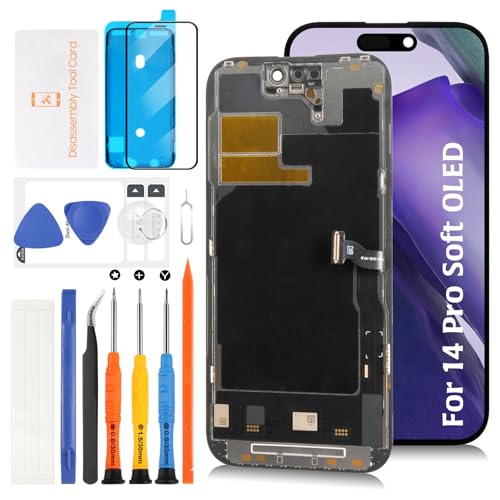 Olivechard Soft OLED 14 Pro LCD [120Hz Promotion+Sensorkabel] Bildschirm Ersatz für iPhone 14 Pro 6,1 Zoll 3D Touch LCD Display Touch Digitizer Assembly A2890 A2650 A2889 A2892 mit Reparaturwerkzeugen von Olivechard