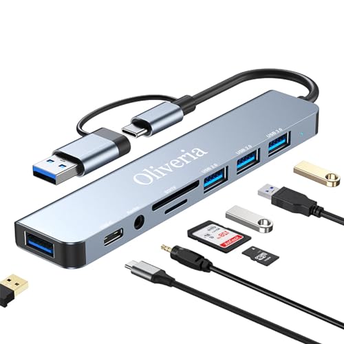 USB C Hub 3.0, 8 in 2 USB Hub 3.0 Multiport Adapter mit SD&TF Kartenleser, USB 3.0&USB 2.0 Ports, 3.5mm Audio Anschlüsse, USB Typ C Hub für MacBook Air/Pro, Galaxy, iPad, Windows usw von Oliveria