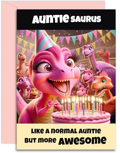 Auntiesaurus Geburtstagskarte – Lustiges rosa Dinosaurier-Design – für sie und Tante, A5-Größe, mit rosa Umschlag von Olivia Samuel